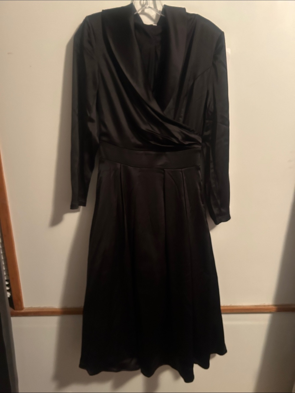 Mooyius Black Satin Midi dress with Draped Collar and tulle skirt